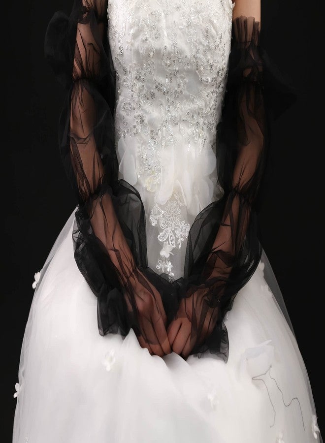 QRBTSCL Women's Long Tulle Gloves Lace Semi Sheer Ruffle Sleeves Fingerless Gloves Sunscreen Dress Costume Accessory Black - Image 2